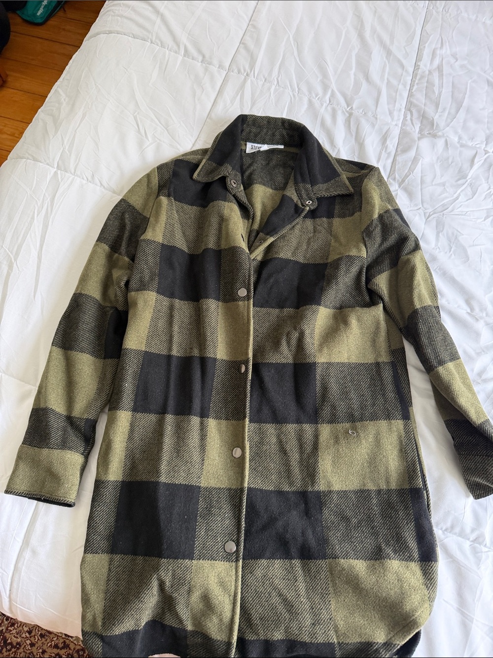 Steve Madden Olive Green and Black Plaid Wool-Blend Coat